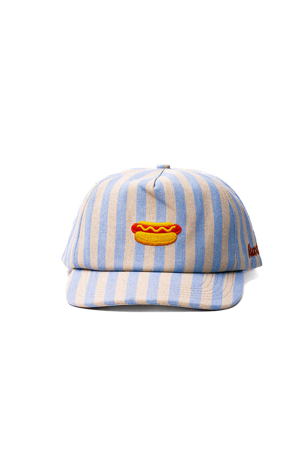 Striped cap with a hot dog emblem on a white background