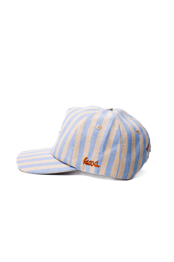 Striped baseball cap with a kaxi logo on a white background