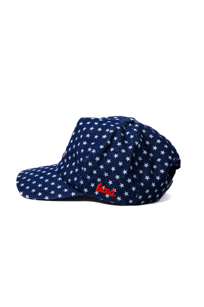 denim blue baseball cap with a star pattern on a white background