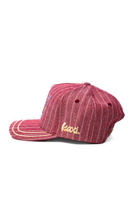 Red striped cap with 'Kaxi' logo on a white background