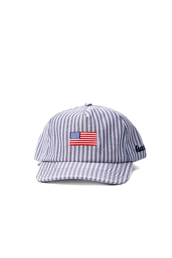 Striped cap with American embroidery on a white background