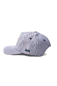 Striped cap with a brand logo on a white background