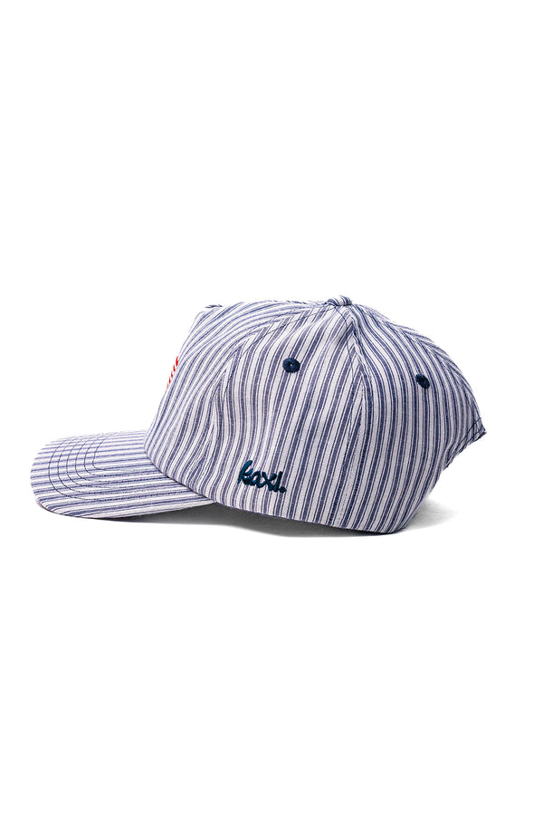 Striped cap with a brand logo on a white background