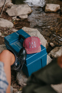 Blue cooler with a red cap on top, surrounded by rocks and water
