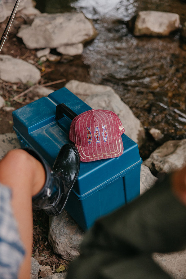Blue cooler with a red cap on top, surrounded by rocks and water