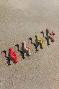 Colorful hold everything claws arranged on sand